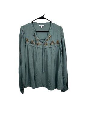 Lauren Conrad Women SZ L Pale Green Sequins Embroidered Long Sleeve Casual Top